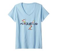 Damen Peanuts Tokyo Snoopy Charlie Brown Lucy Baseballkanji im Retro-Look T-Shirt mit V-Ausschnitt