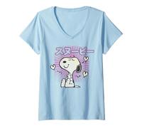 Damen Peanuts Tokyo Snoopy Liebesherzen im Vintage-Stil, Japan, Beste Freundin, VHS Kanji T-Shirt mit V-Ausschnitt