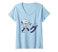 Damen Peanuts Tokyo Snoopy Woodstock Japan umarmt Kanji Love XO BFF T-Shirt mit V-Ausschnitt