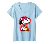 Damen Peanuts Wyldstyle Snoopy Woodstock Graffiti-Schablone Art Pop T-Shirt mit V-Ausschnitt
