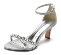 Damen Peeptoe Brautschuhe Mit Strass Satin Mid Kätzchenabsatz Abend Party Kleid Schuhe Knöchelriemen Hochzeit Sandalen Runde Spitze Büro Pumps,Silber,42 EU