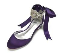 Damen Perlen Knöchelriemen Satin Hochzeitsschuhe Für Braut Runde Zehen Flache Brautschuhe Elegante Pumps, Sandalen,Dark Purple,36 EU