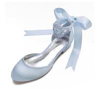 Damen Perlen Knöchelriemen Satin Hochzeitsschuhe Für Braut Runde Zehen Flache Brautschuhe Elegante Pumps, Sandalen,Sky Blue,39 EU