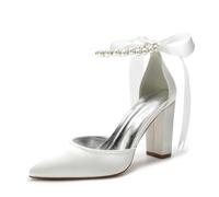 Damen Perlweiß Hochzeitsschuhe für Braut High Heels Spitz Zehen Brautschuhe Satin Blockabsatz Abschlussball Party Kleid Pumps Sandalen, Elfenbein, 38.5 EU