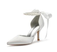 Damen Perlweiß Hochzeitsschuhe für Braut High Heels Spitze Zehen Brautschuhe Satin Abschlussball Party Kleid Pumps Sandalen, Elfenbein, 40 EU
