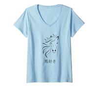 Damen Pferdeliebhaber I Love Horses in japanischen Kanji-Charakteren T-Shirt mit V-Ausschnitt