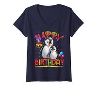 Damen Pinguin Geburtstag Kinder Happy Birthday Pinguin T-Shirt mit V-Ausschnitt, Marineblau, S