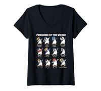 Damen Pinguine of the World T-Shirt, Meerestier-Pinguin-Liebhaber T-Shirt mit V-Ausschnitt