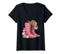 Damen pink cowgirl Stiefel western country cowboy blumen pinkes T-Shirt mit V-Ausschnitt