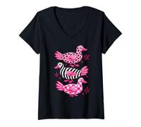Damen Pink Duck Lover Cute Retro Ducks Checkered Design T-Shirt mit V-Ausschnitt