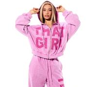 Damen Pink gewaschener Grafik "That Girl" Muster Reißverschluss Hoodie mit Kordelzug und Mittel-Tasche, Langarm Lässig Streetwear Oberteil