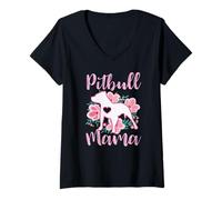Damen Pitbull Mama Rosa Blumen Niedlich Mütter Thema T-Shirt mit V-Ausschnitt