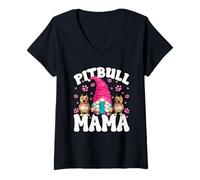 Damen Pittie Mom Dog Lover GNOME Pink Paws for Women Pitbull Mama T-Shirt mit V-Ausschnitt