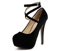 Damen Plateau High Heel Pumps mit Criss Cross Knöchelriemen Geschlossene Zehen Kleid Schuhe, Schwarzer Samt, 14 cm, 40 EU