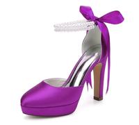 Damen Plateau Hochzeitsschuhe Für Die Braut Geschlossene Spitze Perlen Knöchelriemen Kleid Hochzeit Party Pumps,Lila,41 EU