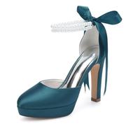 Damen Plateau Hochzeitsschuhe Für Die Braut Geschlossene Spitze Perlen Knöchelriemen Kleid Hochzeit Party Pumps,Teal,39 EU
