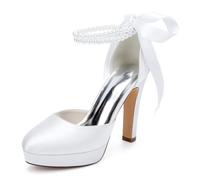 Damen Plateau Hochzeitsschuhe Für Die Braut Geschlossene Spitze Perlen Knöchelriemen Kleid Hochzeit Party Pumps,Weiß,42 EU