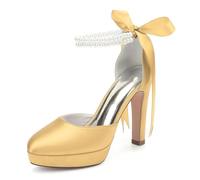 Damen Plateau Hochzeitsschuhe Für Die Braut Geschlossene Spitze Perlen Knöchelriemen Kleid Hochzeit Party Pumps,Gold,42 EU
