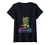 Damen Plattenspieler DJ Ananas DJ Ananas Fruit Dance Music Techno T-Shirt mit V-Ausschnitt