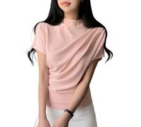 Damen Plissee Kurzarm T-Shirt Halber Rollkragen für Slim Fit Gerafftes Top Einfarbig Casual Streetwear Bluse für Frühling und Herbst (XXL Rosa)