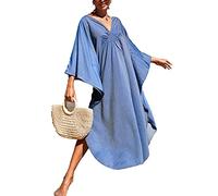 Damen Plus Size Caftan Ethno Badeanzug Cover Up Resort Wear Bedrucktes Kleid V-Ausschnitt Kaftan Kleider, blau, Einheitsgröße