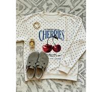 Damen Polka Dot Rundhals Buchstaben Kirschen Muster Lässig Alltag Langarm Sweatshirt