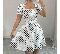 Damen Polka Dot Schwarz & Weiß Quadratischer Ausschnitt Blütenärmel Rüschen Taillengürtel Midi Kleid, Lässiger Alltags-Look, Süß für Dates, Urlaub, Ar