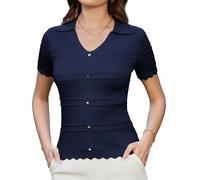 Damen Poloshirt V-Ausschnitt Kurzarm Slim Fit Strickpullover Sweatshirt Leicht Pullover Shirt Marineblau L