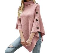 Damen Poncho Pullover Lange Strickjacke Strickpullover Mantel für Sommer und Winter Damen Strickponcho Rollkragen Gestrickter Poncho mit Dekorativen en Strick Pullover Poncho (06-Pink, One Size)