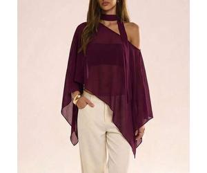 Damen-Poncho-Top aus bordeauxrotem elegantem Chiffon mit asymmetrischer Schulter, transparent, fließende Bluse für Herbst-Abendveranstaltungen, besond