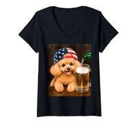 Damen Poodle Drinking Beer Meme 4th of July Patriotic American T-Shirt mit V-Ausschnitt