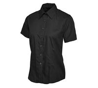 Damen Popeline Kurzarm-Shirt Casual Formal Business Arbeitsuniform, Schwarz, M