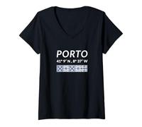 Damen Porto Koordinaten Portugal T-Shirt mit V-Ausschnitt