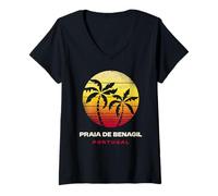 Damen Praia De Benagil, Portugal, Retro-Palmensonnenuntergang, Tropischer Strand T-Shirt mit V-Ausschnitt