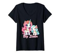 Damen Promoted to Big Sister Girls Cute Unicorn Older Sister T-Shirt mit V-Ausschnitt