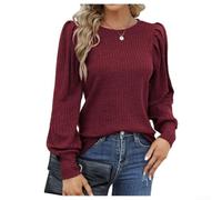 Damen Puffärmel, geripptes Oberteil, langärmelig, Rundhalsausschnitt, einfarbig, dehnbar, lässige Bluse für Frühling, Herbst, Urlaub, Größe S-XXL (Wein)