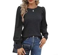 Damen Puffärmel, geripptes Oberteil, langärmelig, Rundhalsausschnitt, einfarbig, dehnbar, lässige Bluse für Frühling, Herbst, Urlaub, Größe S-XXL (Grau XL)
