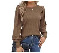 Damen Puffärmel, geripptes Oberteil, langärmelig, Rundhalsausschnitt, einfarbig, dehnbar, lässige Bluse für Frühling, Herbst, Urlaub, Größe S-XXL (Khaki XL)