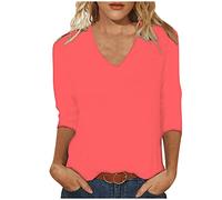 Damen Pullover 3/4 Arm Einfarbige Hemd Sexy 3/4-Ärmeln T-Shirt Frau T-Shirts Elegante Grafik Drucken Longbluse Asymmetrischer Ausschnitt Mode Blusen Mode Motiv Retro Top Sweatshirt Wassermelonenrot L