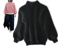 Damen-Pullover aus Angora-Kaschmir-Mischgewebe, locker, warm, einfarbig, Rundhalsausschnitt, Strickpullover, flauschiger Plüschpullover, Schwarz , One size