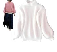 Damen-Pullover aus Angora-Kaschmir-Mischgewebe, locker, warm, einfarbig, Rundhalsausschnitt, Strickpullover, flauschiger Plüschpullover, weiß, One size