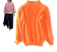 Damen-Pullover aus Angora-Kaschmir-Mischgewebe, locker, warm, einfarbig, Rundhalsausschnitt, Strickpullover, flauschiger Plüschpullover, Orange, One size