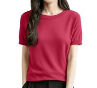 Damen Pullover Frühling Rundhalsausschnitt Leicht Kurzarmpullover Mode Sommerpullover Kurzarm Strickpullover Halbarm Elegant Pulli Strickshirt, Red, L