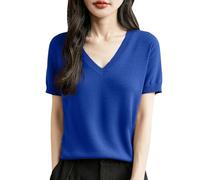 Damen Pullover Frühling V-Ausschnitt Elegant Sommerpullover Kurzarm Strickshirt Halbarm Leicht Pulli Mode Strickpullover Kurzarmpullover, Blue, L