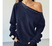 Damen-Pullover, Herbst/Winter, sexy, asymmetrische Schulterpartie, Vintage-Nietenverzierung, lockerer Schnitt, lässiger Strickpullover, Schwarz