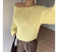 Damen Pullover im Herbststil, Damen Casual cremefarbener gelber einfarbiger flauschiger Strickpullover mit Wollmischung, Drop Shoulder gerippter Stric