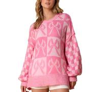 Damen-Pullover, kariert, Urlaub, Übergröße, niedlicher Karomuster, Rundhalsausschnitt, Y2K-Strick, Puffärmel, grobe Pullover, rosa schleife, L