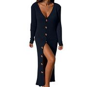 Damen Pullover Kleid Elegant Lang Strickkleid Tief V-Ausschnitt Langarm Herbst Winter Elegant Sweatkleid mit Knopf Freizeit Winterkleid Mode Kleidung Dress Tops