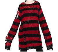 Damen Pullover Lang Punk Gothic Strickpullover Hohlloch Pullover Loses Top Oversize Gestreifter Zerrissene Longpullover Vintage Pulloverkleid Herbst Dünne Oberteile Jumper Tops(rot,Einheitsgröße)