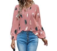 Damen Pullover langärmelig mit Federn Bedruckt Oberteile Blusen Hemden für Damen Sommer Frühling Übergröße V-Ausschnitt Laternenärmel lockere Passform Sweatshirt Oberteile T-Shirt